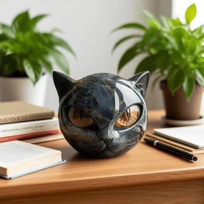 Presente Decoração de Mesa para Home Office Gato Preto Estatueta de Pedra Cabeça de Gato de Resina Pedra de Cura Textura de Mármore Gato Pedra Lembrança