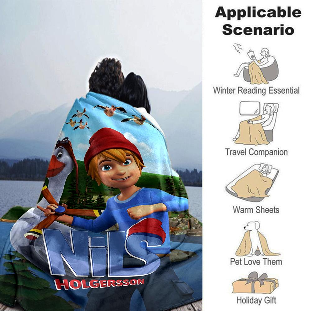 Nils Holgersson Adventure Flannel Blanket Super Soft Warm Cozy Blanket for Sofa Bed Office Travel All‑Season Home Decor Gift
