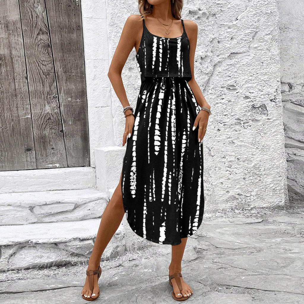 Women's Fashionable Retro Printed Camisole Waist Cinching Casual Dress