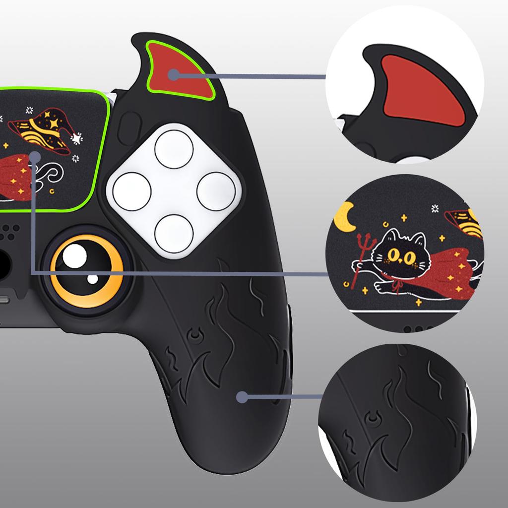 PlayVital Silicone Cover for PS5 Cute Controller Cover Skin Protector with Thumb Grip Caps Touchpad Stickers Controller, (Demon Style) & [Black]