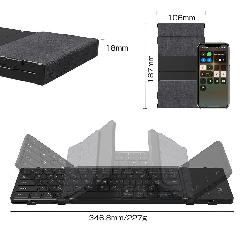 EWiN Wireless Keyboard, Bluetooth 5.1, Foldable, Full-Size, JIS Japanese Layout, Touchpad, Compatible with Smartphones and Tablets, Switches Between