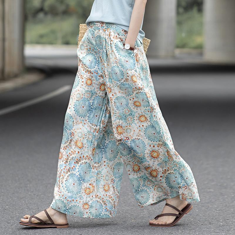 Women Vintage Printed Loose Wide Leg Cropped Casual Culottes Pants M