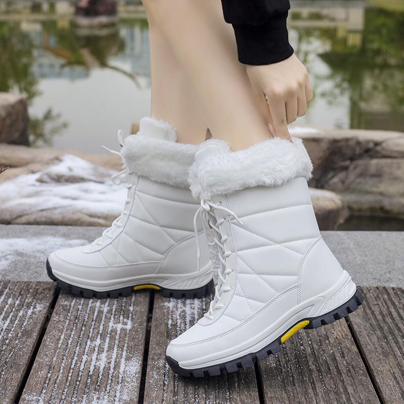 Fashion Women Snow Boots Warm Plush Comfortable Platform Shoes Lady Lace-up Mid-Calf White Boots Outdoor Non-slip Winter Shoes Botines