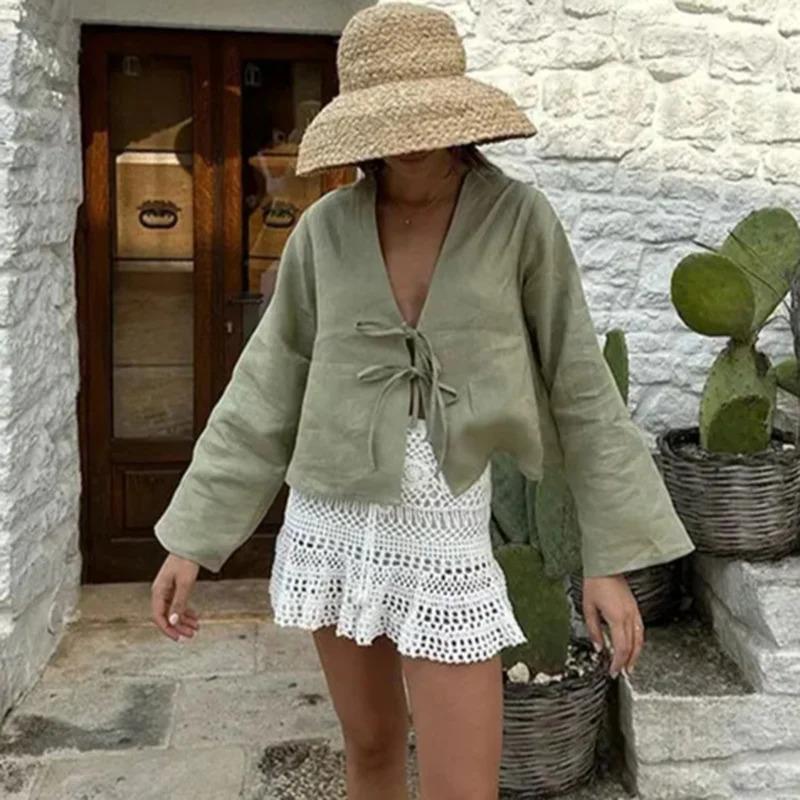 

Жіноча мода літо випадковий V-подібним вирізом мереживо футболка з довгим рукавом сорочки жіночі модні ретро вільні пляжні футболки 2XL зелений