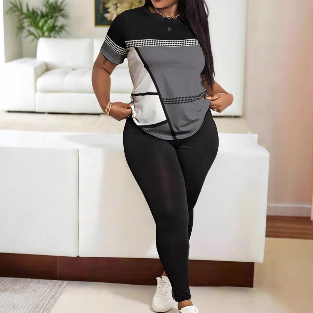 Women's 2-Piece Shirts & Long Pants Set Short Sleeve Printed T-Shirts Sport Pants