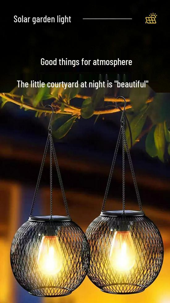 Solar Wrought Iron Tennis Lantern Mesh Pendant for Outdoor Garden Decoration