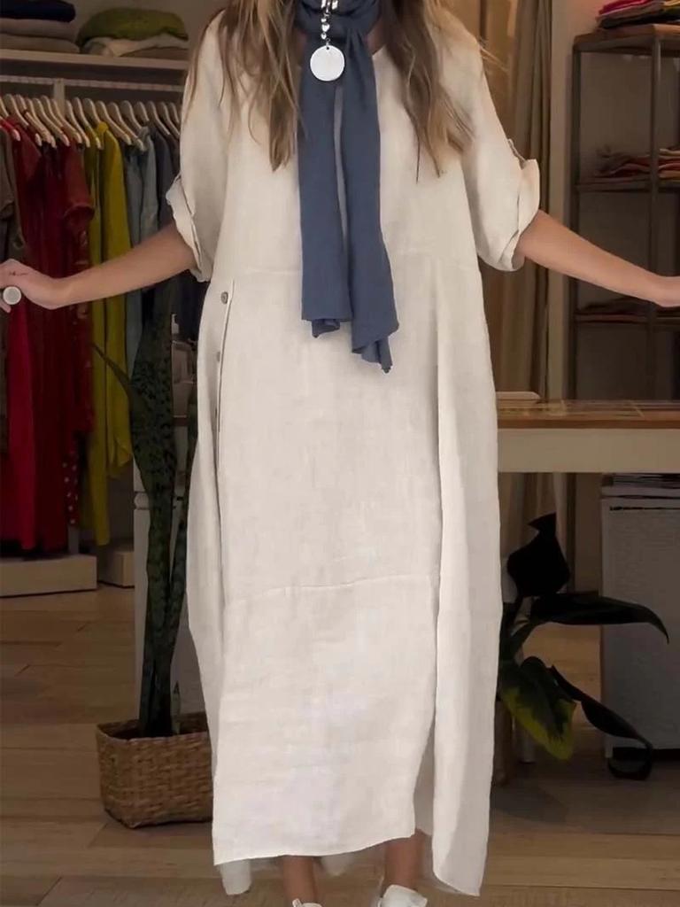 New Women's Summer Breeze Loose Casual Solid Color Short Sleeve Cotton Linen Dress