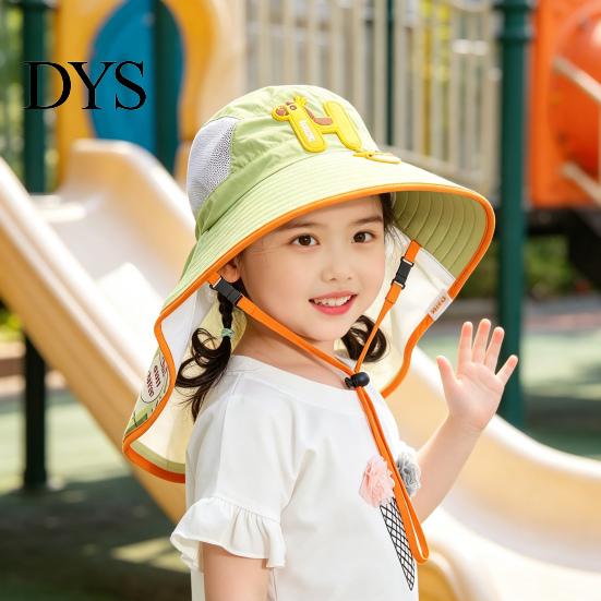 Kids Foldable Camping Hat Summer Sun for Boys Girls, Breathable Mesh Wide Brim Cap with Neck Accessories Flap, Adjustable Strap & Whistle, UV