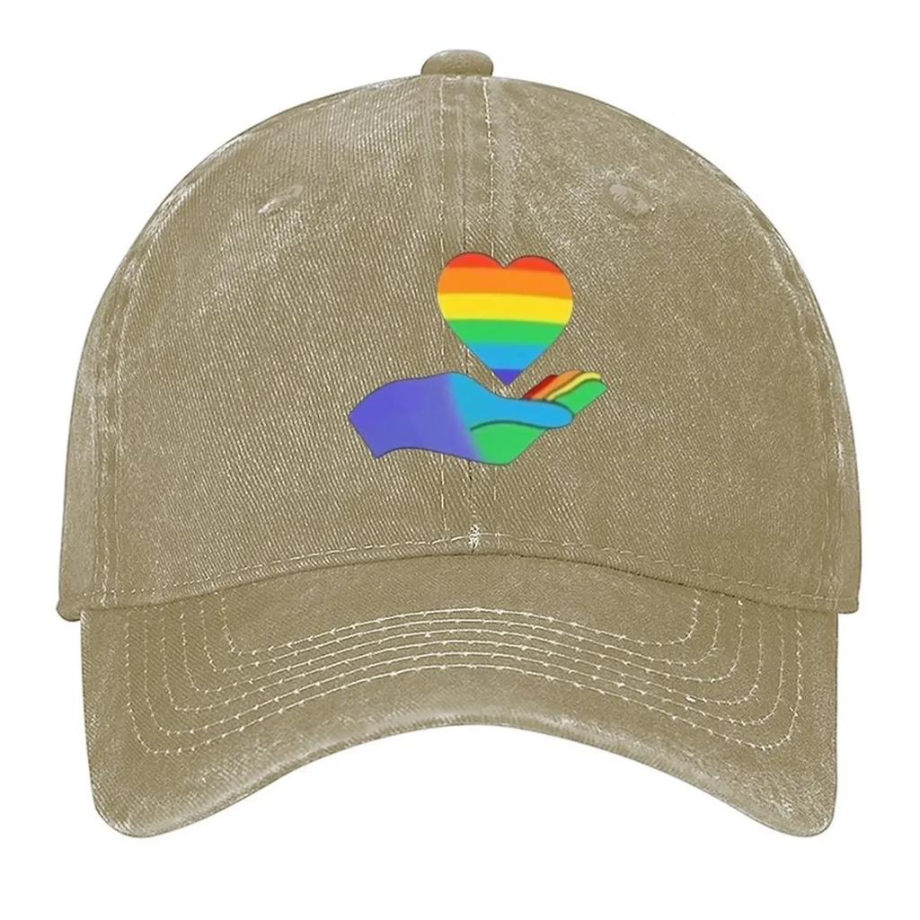 Pride Heart Hand Print Washed Baseball Cap Gay Love Rainbow Adjustable Casual Outdoor Dad Hat