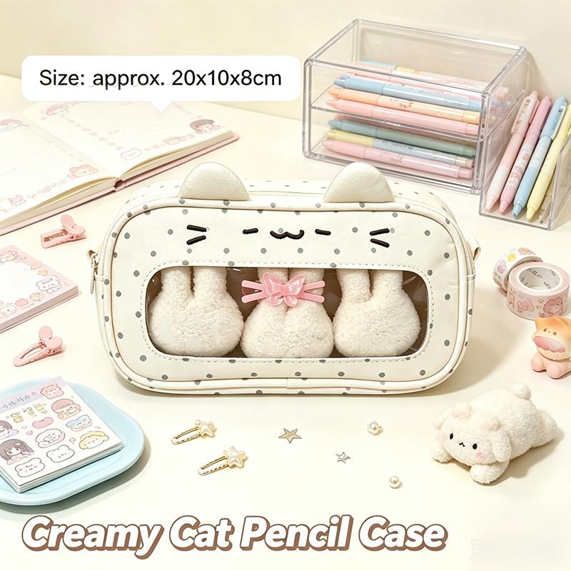 Kawaii Polka Dot Cat Pencil Case Large Capacity Clear Window Inner Pockets For Students School Stationery Storage