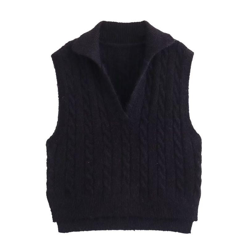 Kaslead New Arrival Women's Clothing Fashion Style Old Money Style Polo Lapel Cable Stitch Knitting Sweater Vest