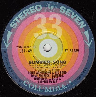 7inch Record LOUIS ARMSTRONG & HIS BAND, DAVE BR - Summer Song / King For A Day JS769 Columbia 1963 US Jazz Used