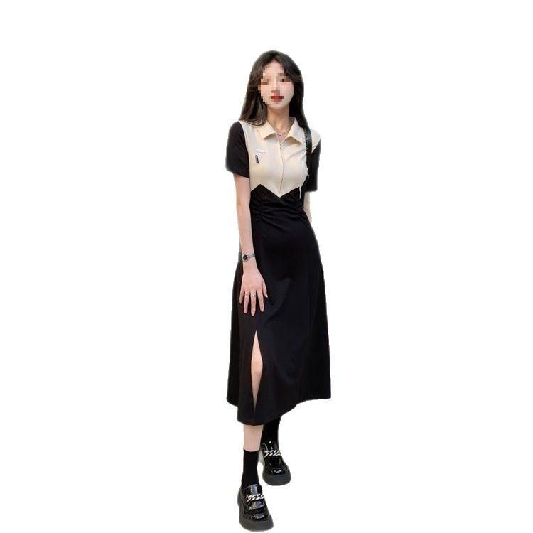 Contrasting color dress women's summer new POLO neck zipper splicing design feeling waist and thin split skirt