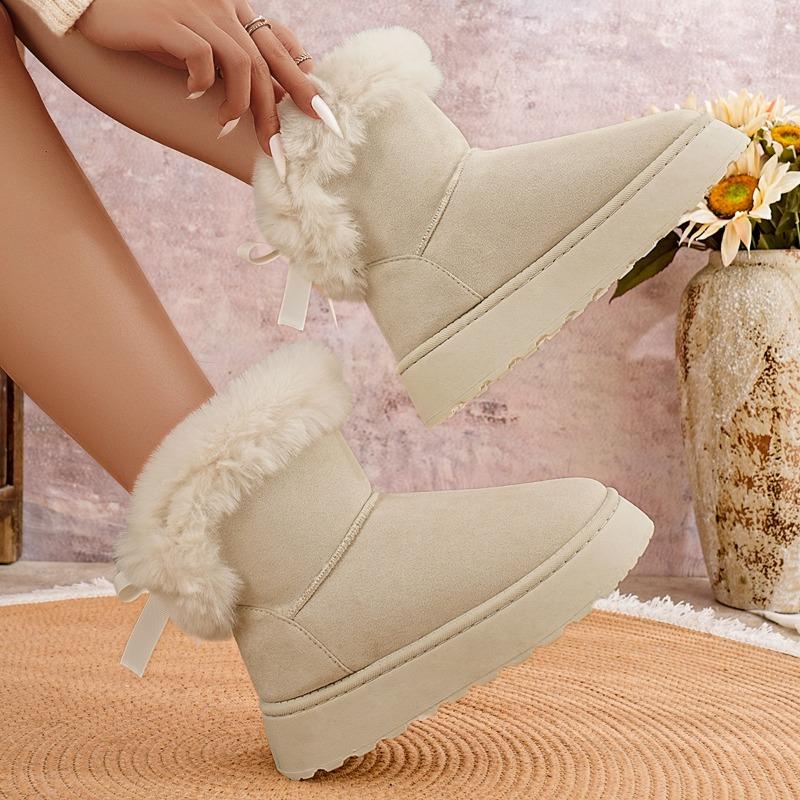 Fashion Bow Short Thigh Boots Women's Fashion Round Toe Suede Platform Warm Non-Slip Wear-Resistant Flat Snow Boots