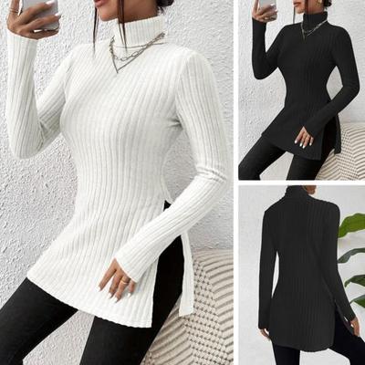 Women Knitting Tops High Collar Long Sleeve Slim Fit Sweater Tops Mid-length Side Split Design Solid Color Ribbed Tops