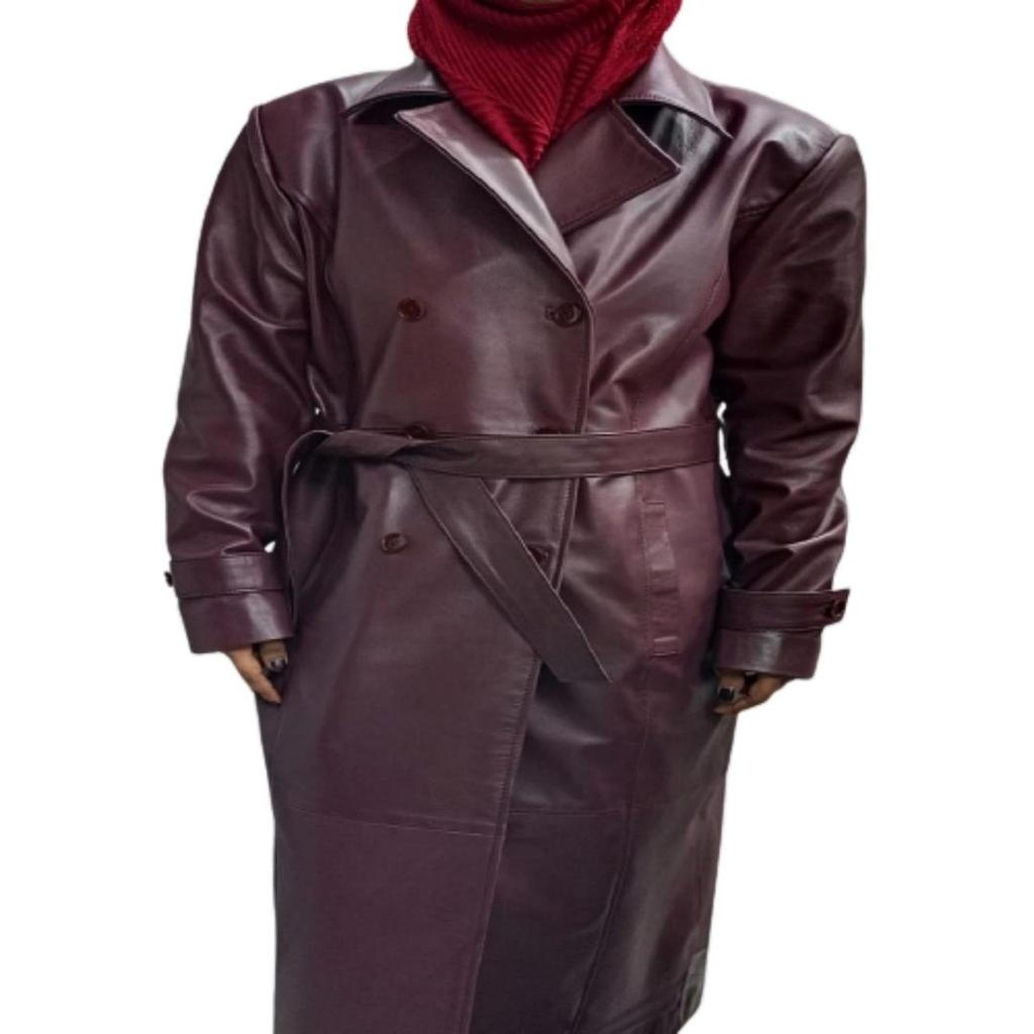 

NOORA Women s Lambskin Burgundy Leather Trench Coat XS бордовий