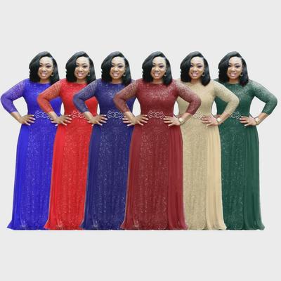 Afrikanisches langes Spitzenkleid mit Pailletten für Damen – Rundhalsausschnitt, mittellange Ärmel, Party- und Abendgarderobe