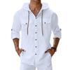 Men's Light Gray Hooded Linen Shirt Roll Up Sleeve Button Down Casual Hoodie Top with Pockets