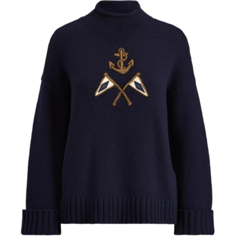 Ralph Lauren Crest Logo Embroidered Long Sleeve Pullover Knit Sweater Women 211762022-001