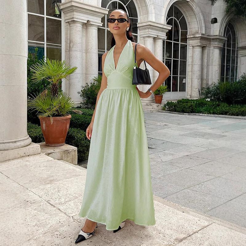 Bílé bavlněné halter šaty s výstřihem do V, sexy odhalená záda, dámské šněrovací A-line šaty, top v pase, velká sukně, módní plážové šaty na dovolenou, léto nové