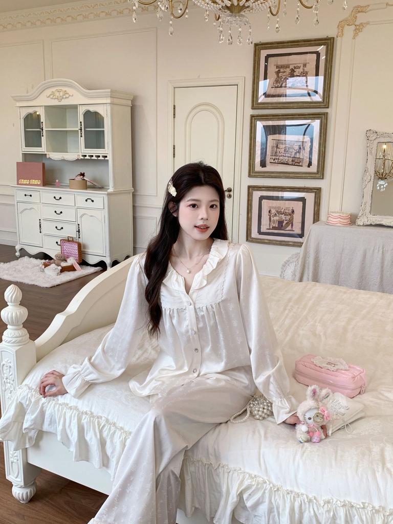 Ice Silk Pajamas for Women 1011 New Palace Style Long Sleeve and Long Pants Homewear Set Korean Sweet Style Loose Fit