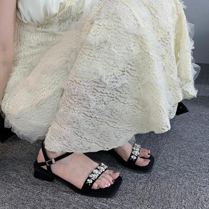 French rhinestone word with sandals thick heel high heels summer new silver cool slippers with skirt fairy shoes