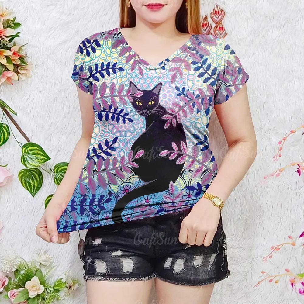 

Летняя женская модная футболка с рисунком кота, топы с V-образным вырезом, футболки, женская повседневная одежда с коротким рукавом, стильная уличная одежда для женщин 3XL
