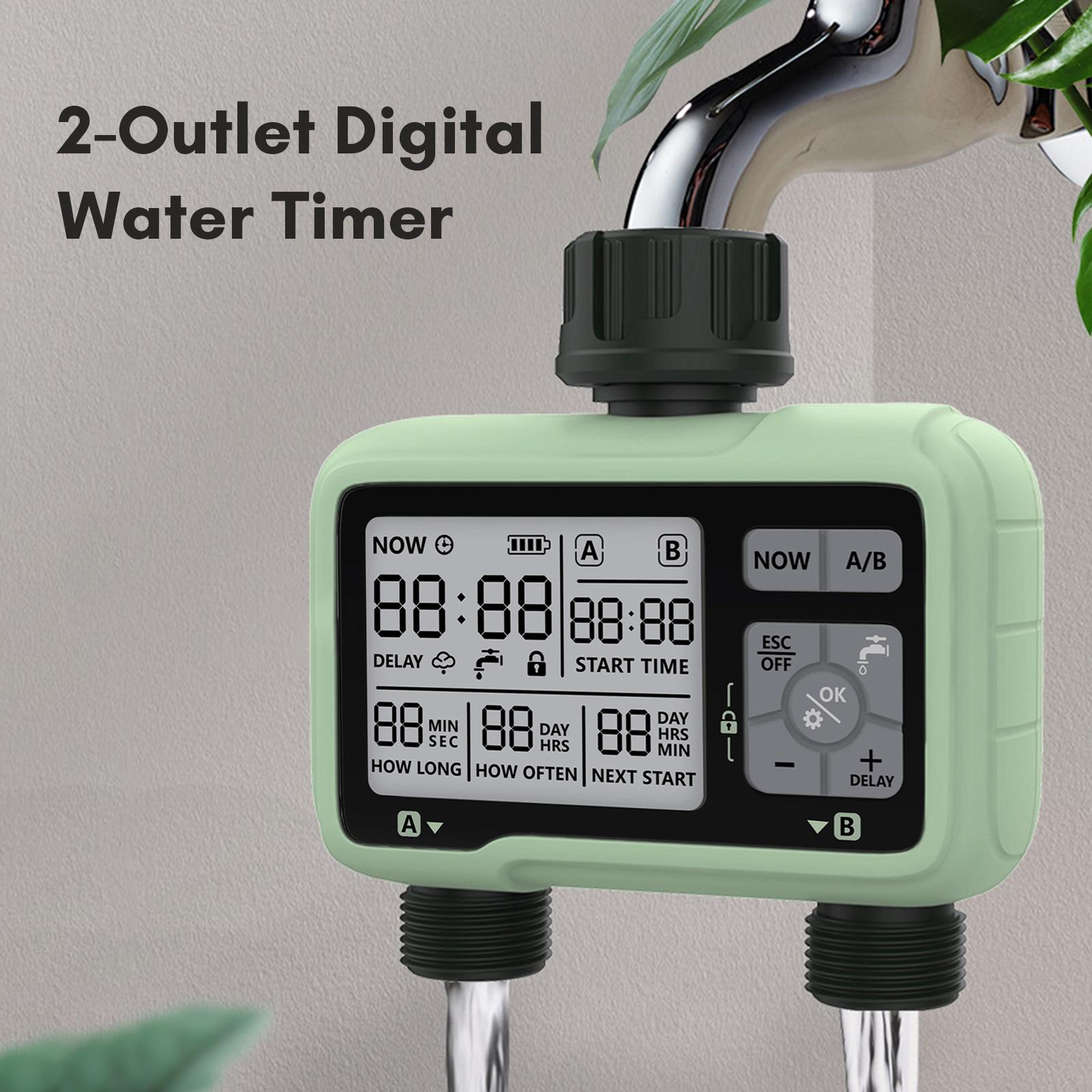 2-Outlet Digital Water Timer IPX5 Waterproof Programmable Garden Sprinkler with Large LCD Display