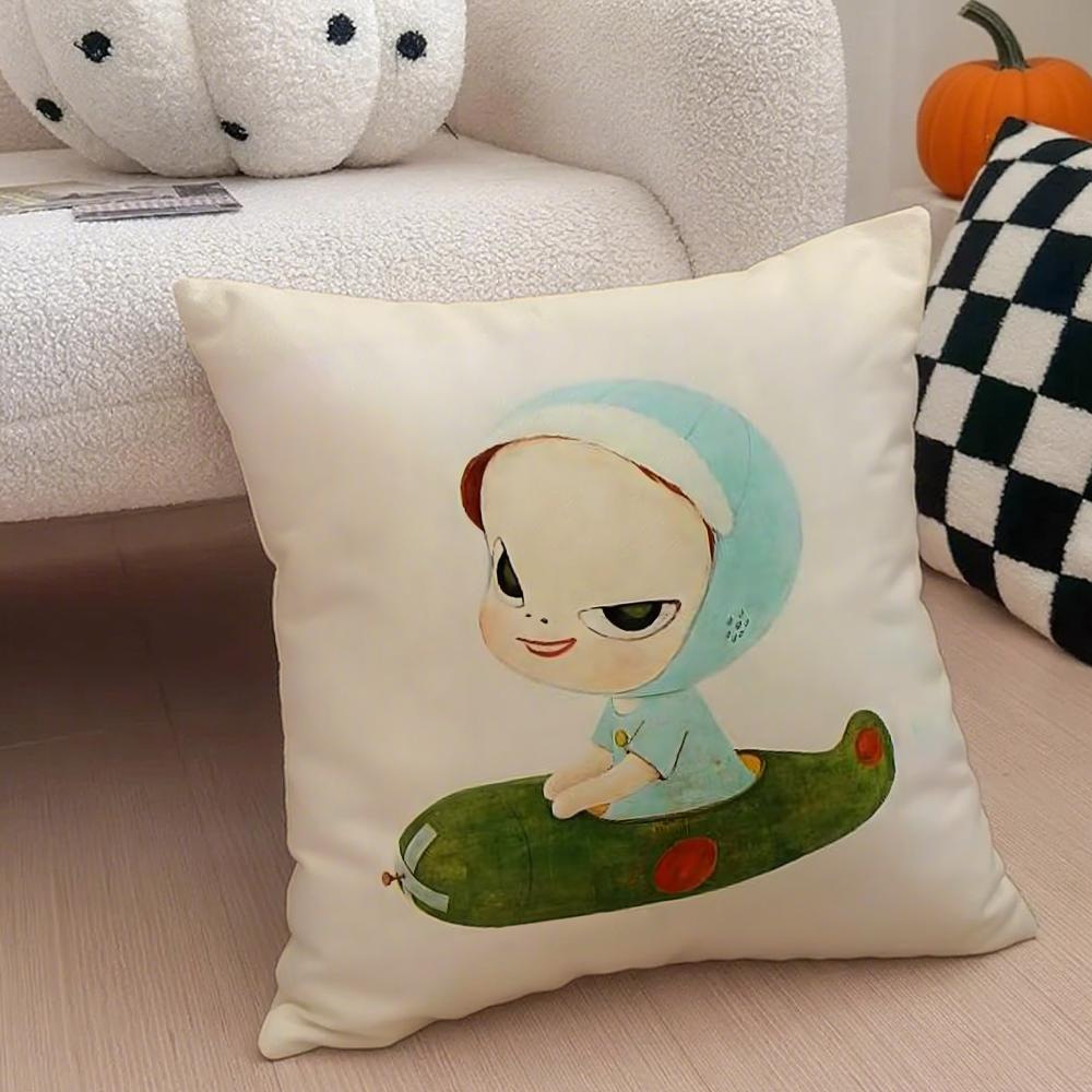 YYoshitomo Nara DDoll Cushion Cover Linen Minimalist Soft Breathable Protective Couch Room Decoration