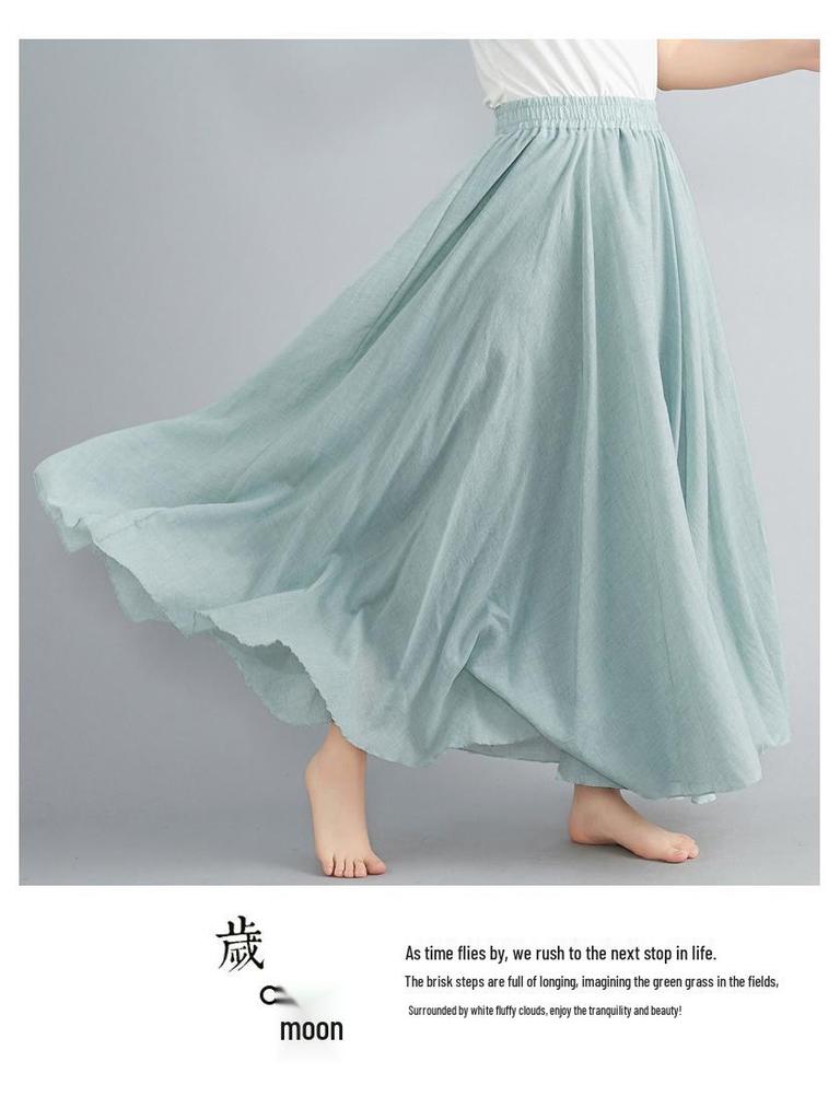 2024 Japan & Korea Loose Cotton-Linen Elastic Waist Midi Skirt – Solid Color A-line Swing Skirt