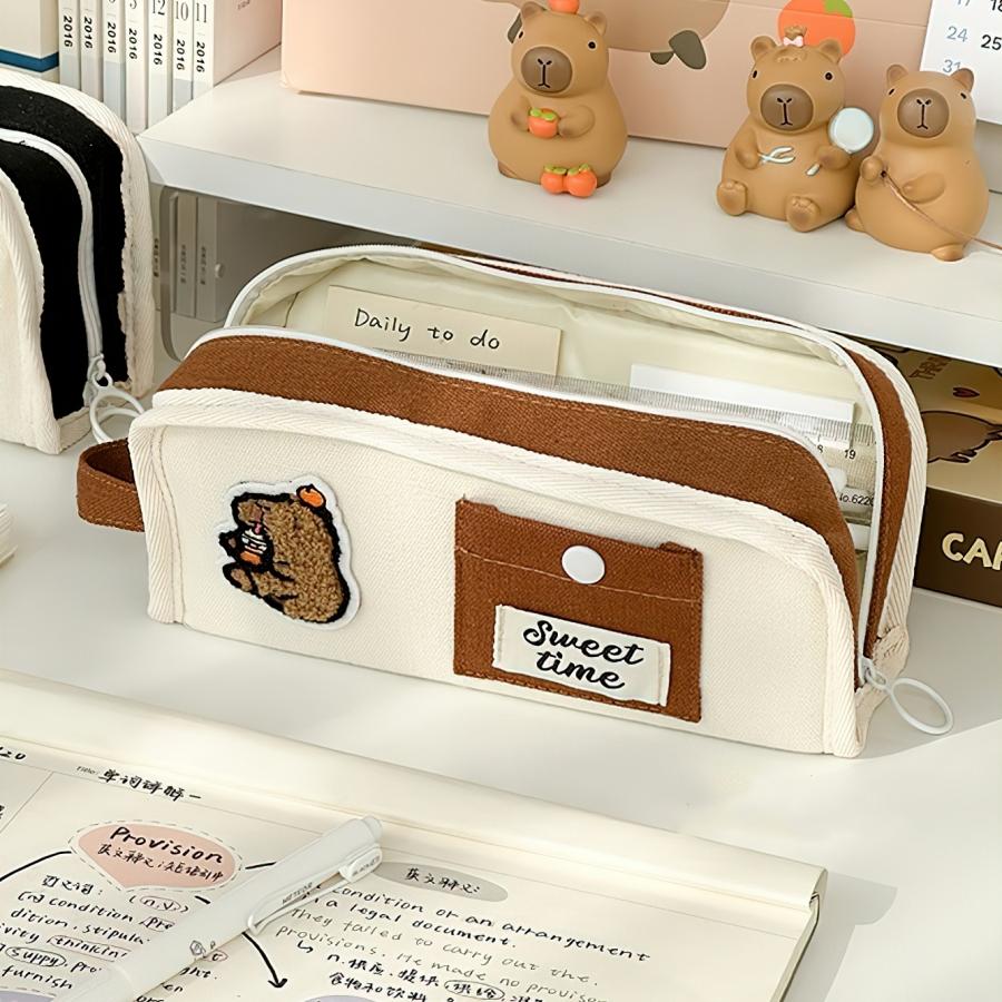 Sweet Time Pencil Bag Pen Case Cute Cartoon Design Hitting Color Storage Pouch for Stationery School