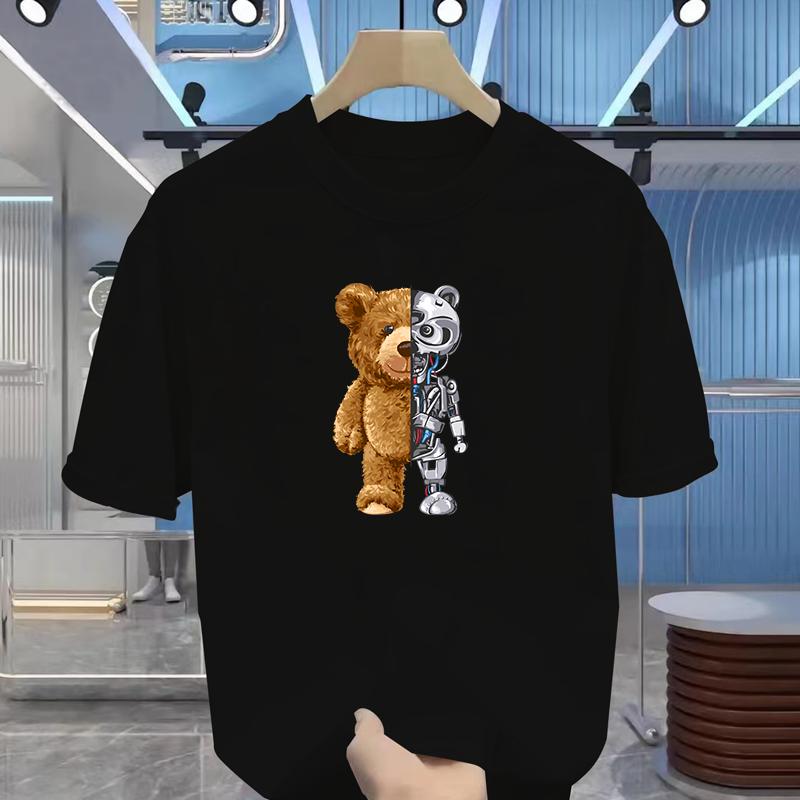 Hot 100% Cotton Casual Short Sleeve Robot Bear Men's Shirt Summer Breathable Clothes O Collar Short Sleeve for Men and Women