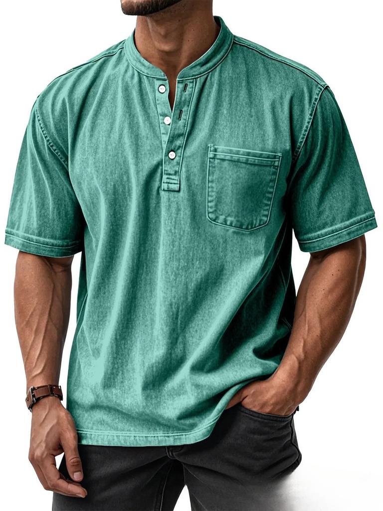 Men's Light Blue Short Sleeve Henley Shirt with Chest Pocket