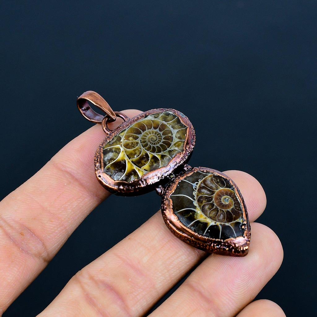 Ammonite Fossil Copper Electroformed Pendant, Handmade Gemstone Jewelry Pendant For Memorial Day