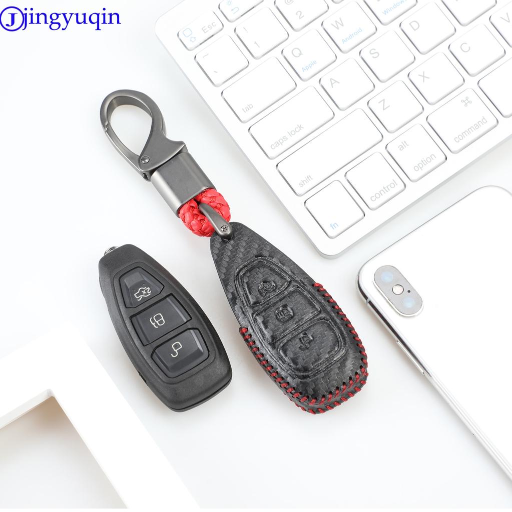 Jingyuqin Carbon Leather Car Key Case Cover for Ford Fiesta Focus Mondeo Ecosport Kuga Focus Procted Smart Key