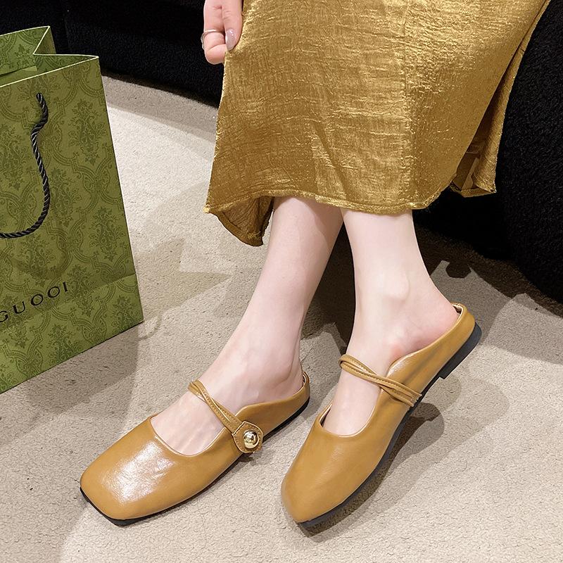 French bag head half slippers women's outer wear spring and summer new light mouth versatile soft leather muller shoes Mary Jane single shoes