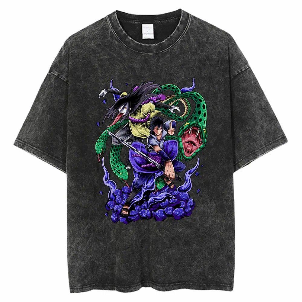 Streetwear Washed Naruto Anime T-shirt for Men and Women Pure Cotton Summer New Short Sleeve Retro Vintage Design