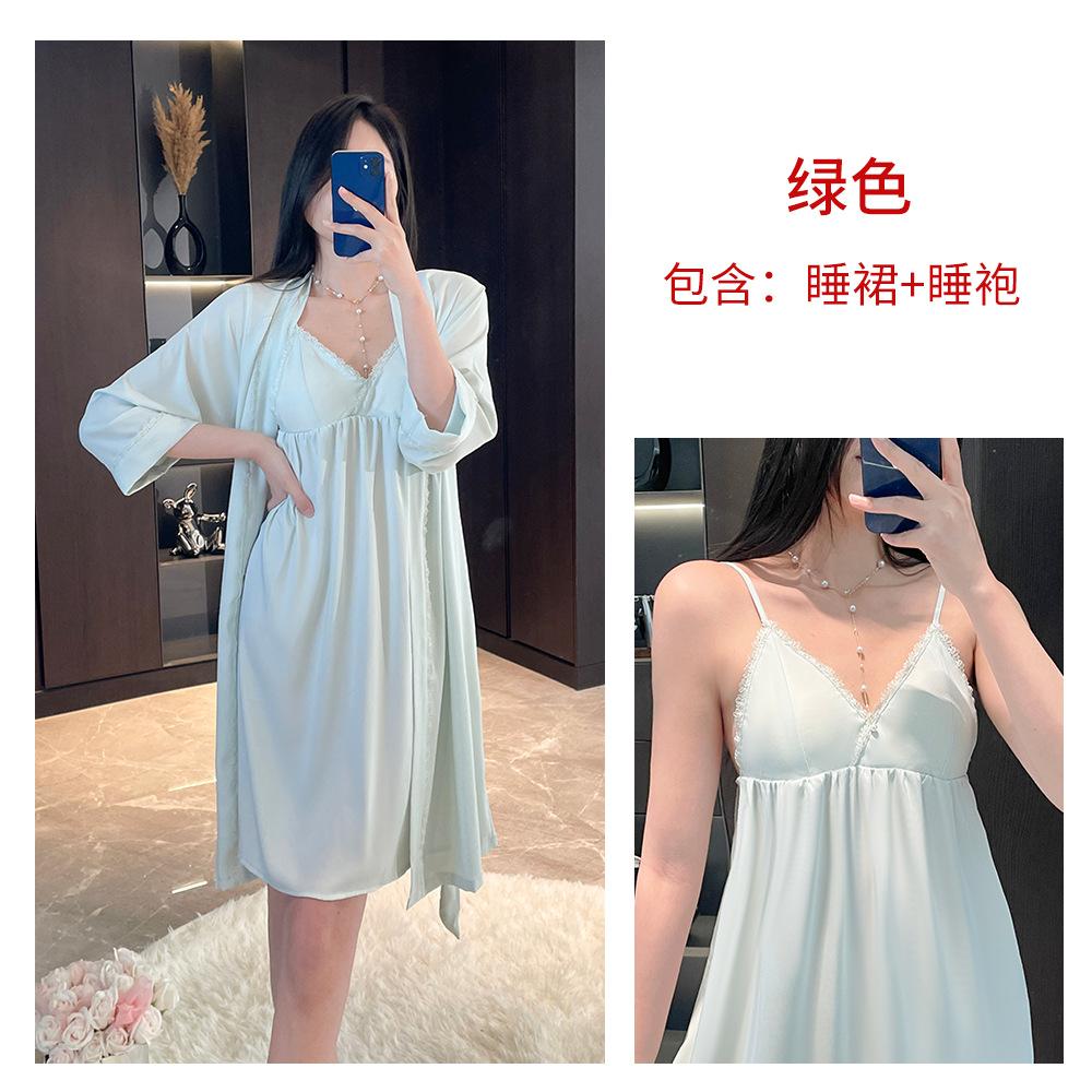 French suspender nightdress women's medium and long imitation acetic acid with chest pad loungewear smooth and drape pajamas spring and summer