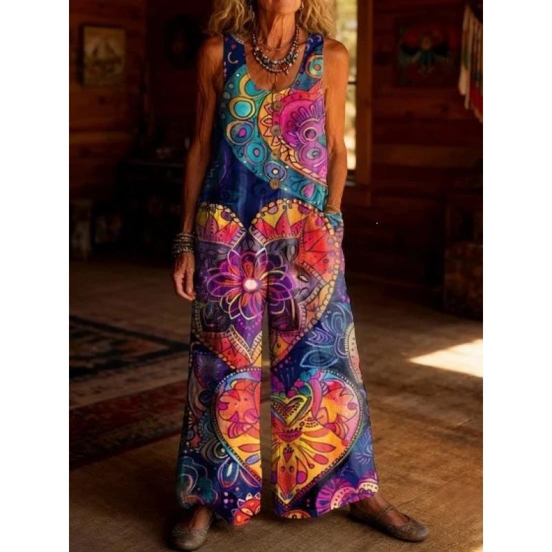 2026 Women's Vintage Summer Cotton and Linen Button Pocket Comfortable Sleeveless Casual One-piece Wide Leg Jumpsuit