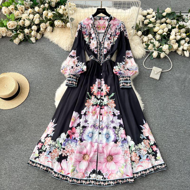 

Early Spring Retro Silm Long Dress Dress Breasted Black M