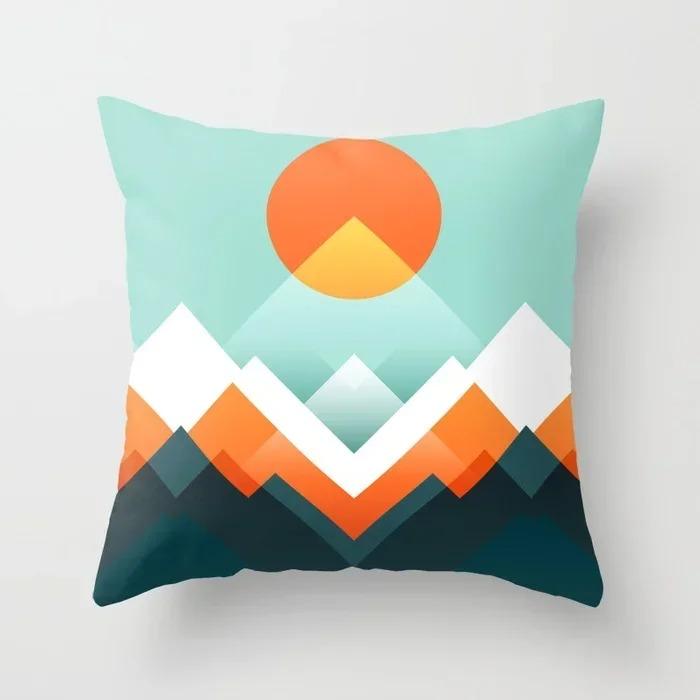 Colorful Geometric Landscape Pillowcase Sun and Moon Mountain Pattern Cushion Modern Art Style Sofa Decoration Pillow