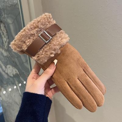Luvas para Mulheres no Inverno Engrossadas com Veludo Quentes para Ciclismo ao Ar Livre À Prova de Vento e Frio Tela Sensível ao Toque Lã de Cordeiro Cinco Dedos