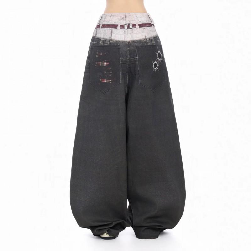 Womens American Streetwear Distressed Cut Jeans Loose Straight Wide Leg Hip Hop Pants
