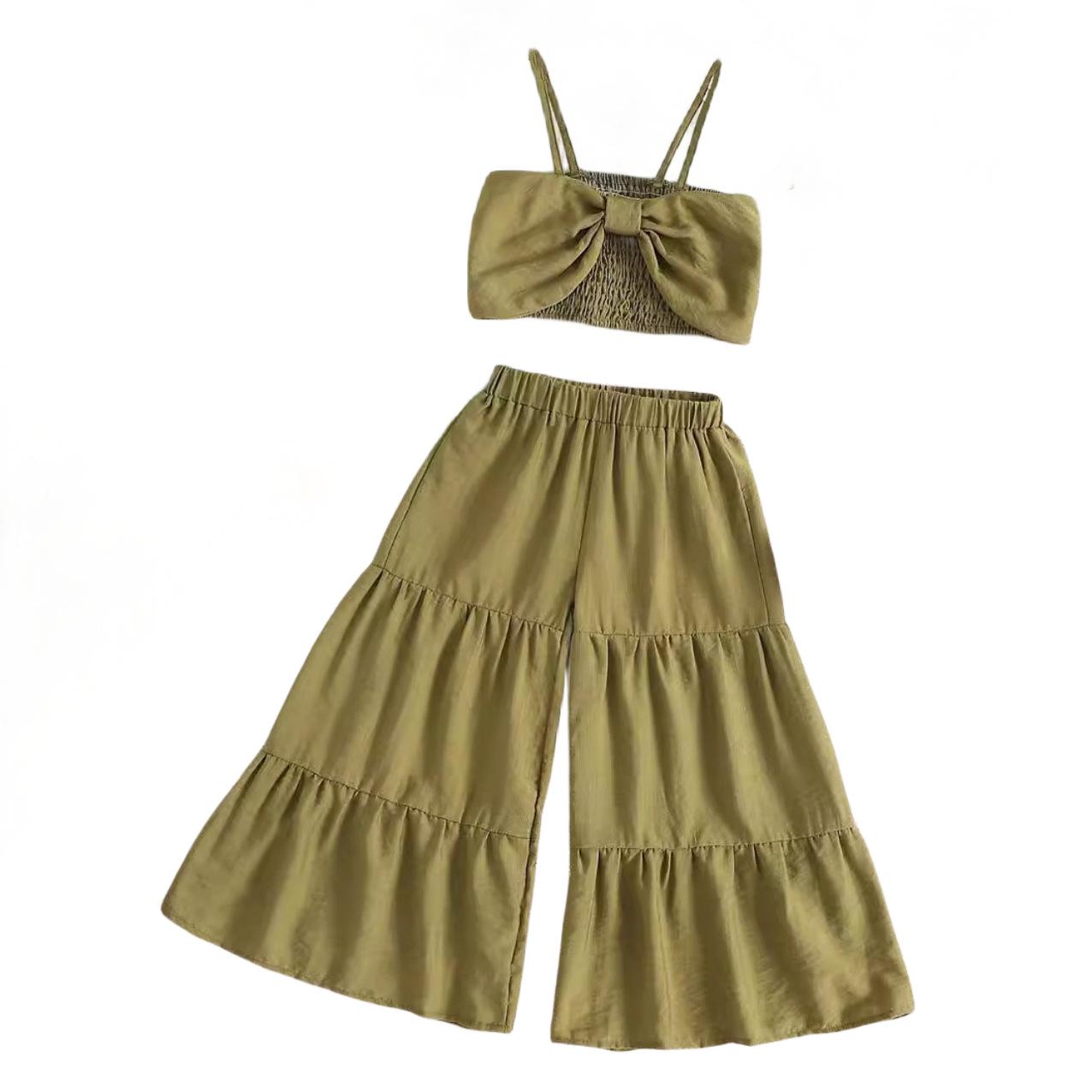 

Повседневный комплект для девочек, летний детский комплект для отдыха, жилет на бретелях с бантом, комплект из широких расклешенных брюк 4-5Y оливковый