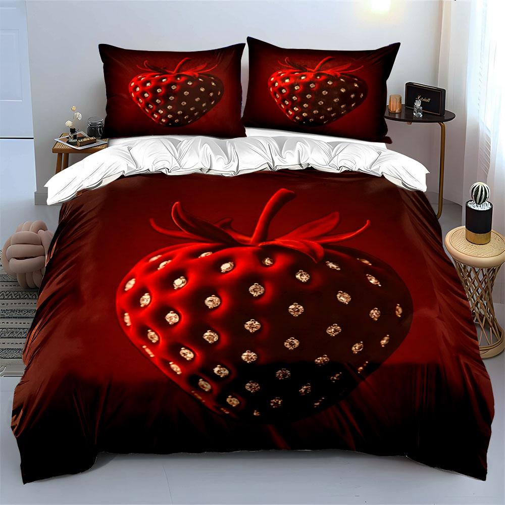 Ruby Strawberry with Diamond Details Bedding Set for Kids Luxury Gift 3pcs Digital Print Comforter Set Soft Comfortable