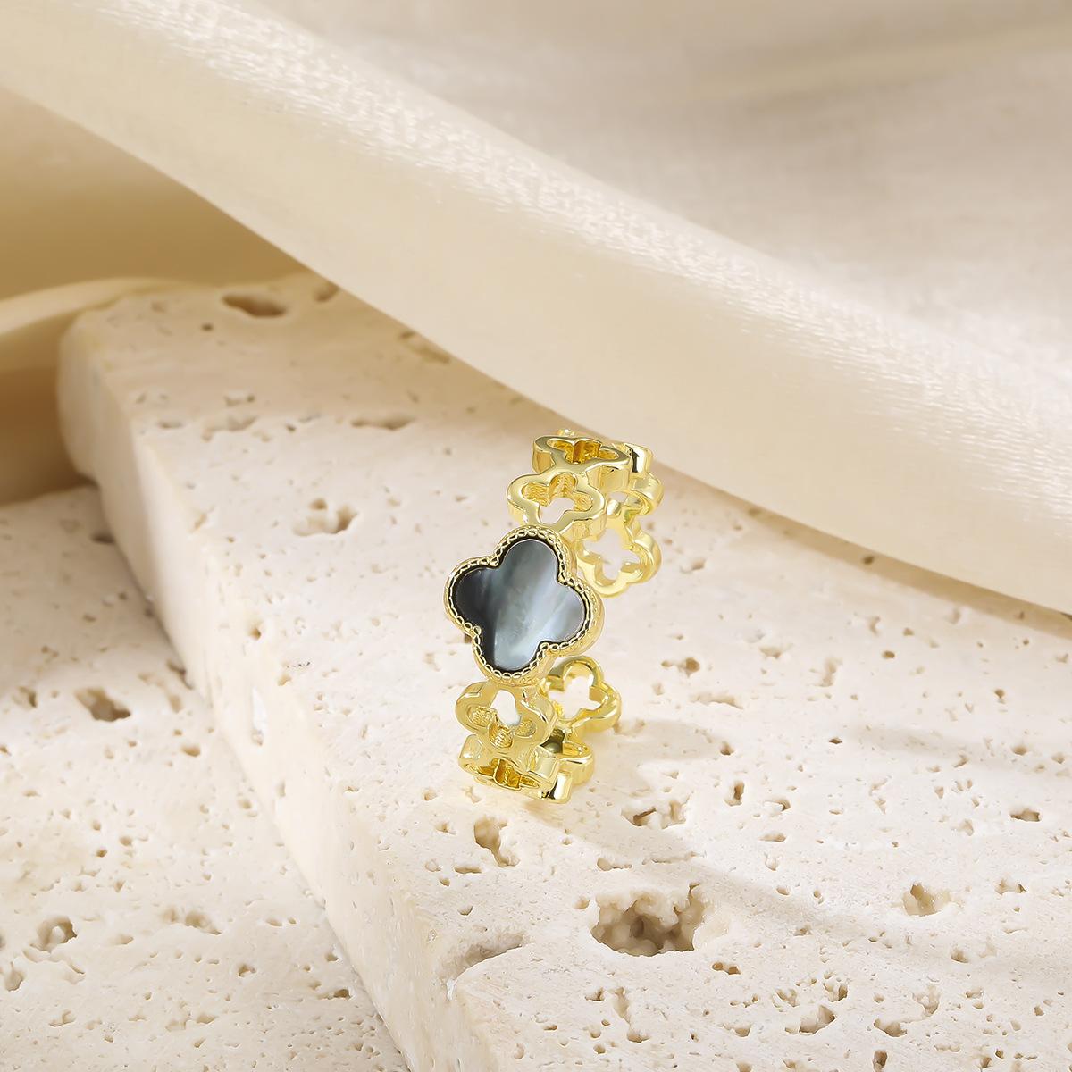 

Кольцо с цирконием в виде четырехлистного клевера в стиле премиум, женское ретро открытое регулируемое кольцо на палец