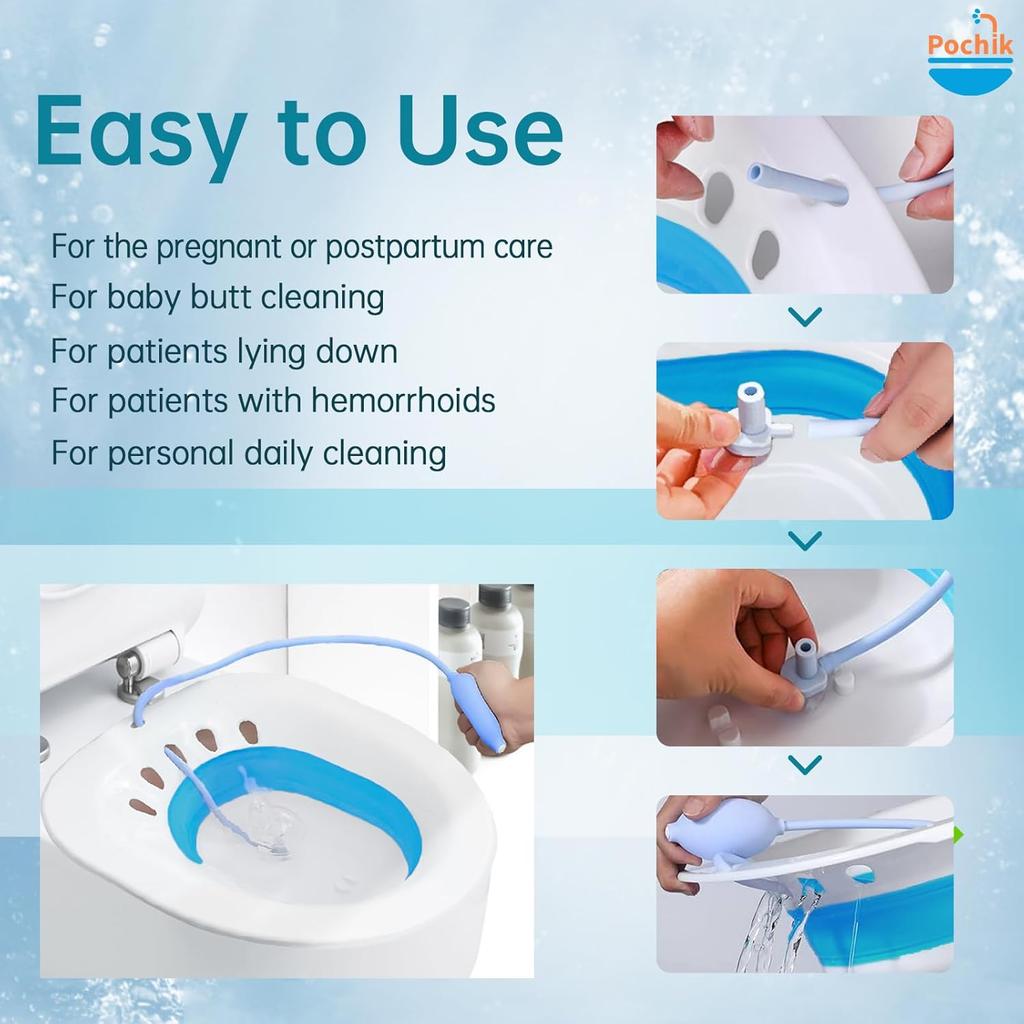 Pochik Sitz Bath for Toilet Seat Hemorrhoids and Postpartum Care, Yoni Steam Seat, Perineal Soaking, Collapsible, Flusher Hose, Drain Holes, Wider