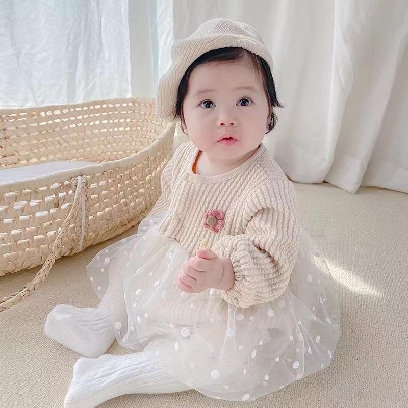Korean Style Baby Girl Double-Layer Romper for Spring & Autumn - Sweet Temperament Outfit for 100-Day Celebrations & Outings