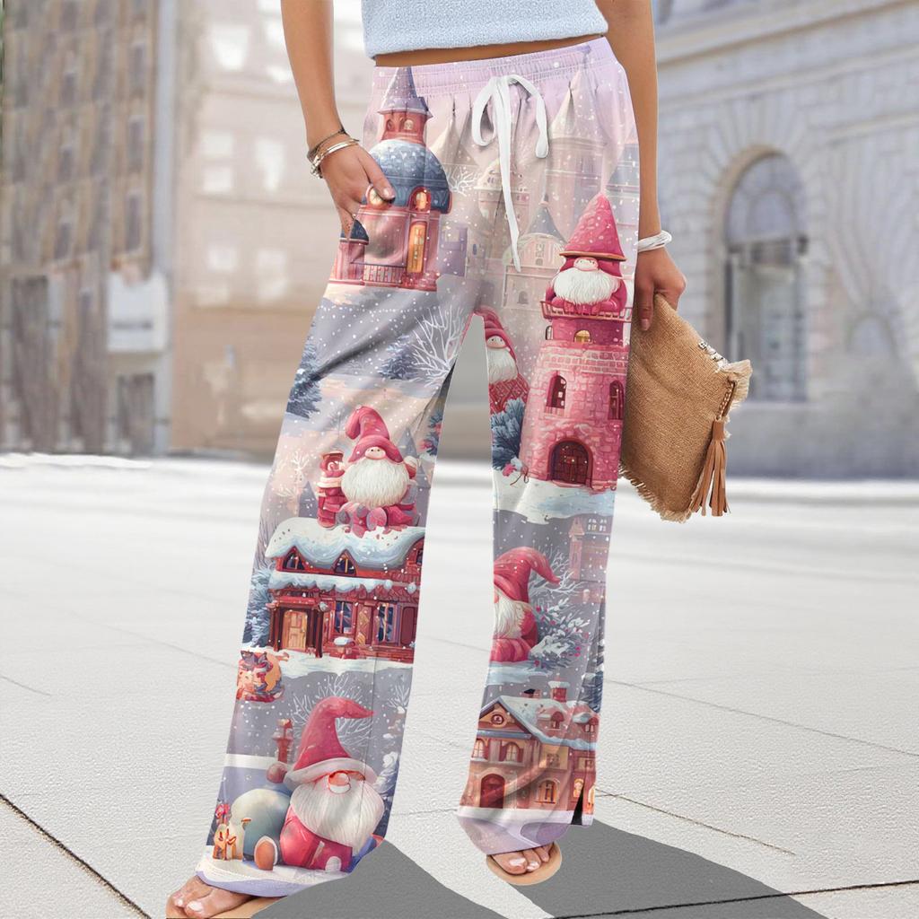Ladies' Loose And Casual Christmas Printed Wide Leg Pants With Elastic Waistband Drawstring And Pocket Pants