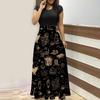 Women's Fashion Casual Halloween Print Round Neck Short-Sleeved Large Size Long Dresses
